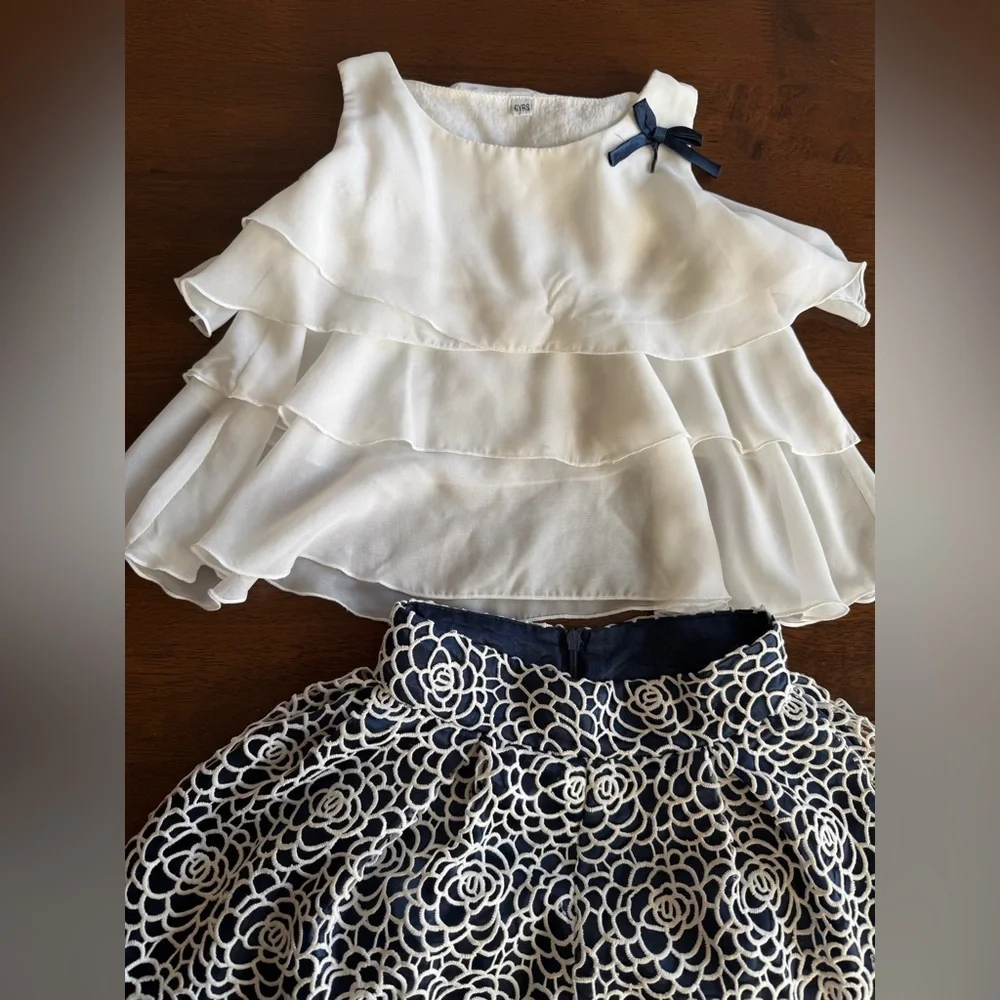 Girls Dress Outfit Set Lace Skirt & Ruffle Top Navy White Party Holiday Size 6Y